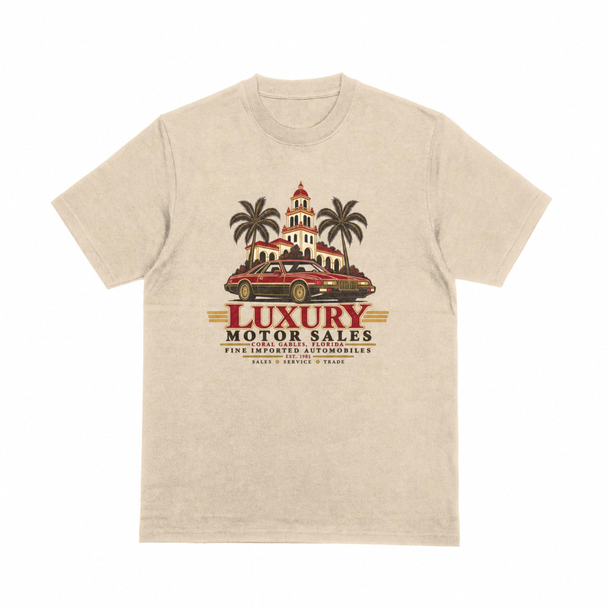 Luxury Motor Sales Coral Gables graphic tee - sand