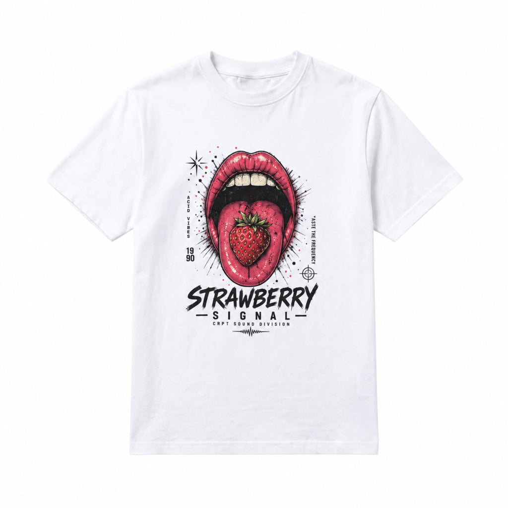 White Strawberry Signal graphic tee by CRPT Label with distressed halftone artwork