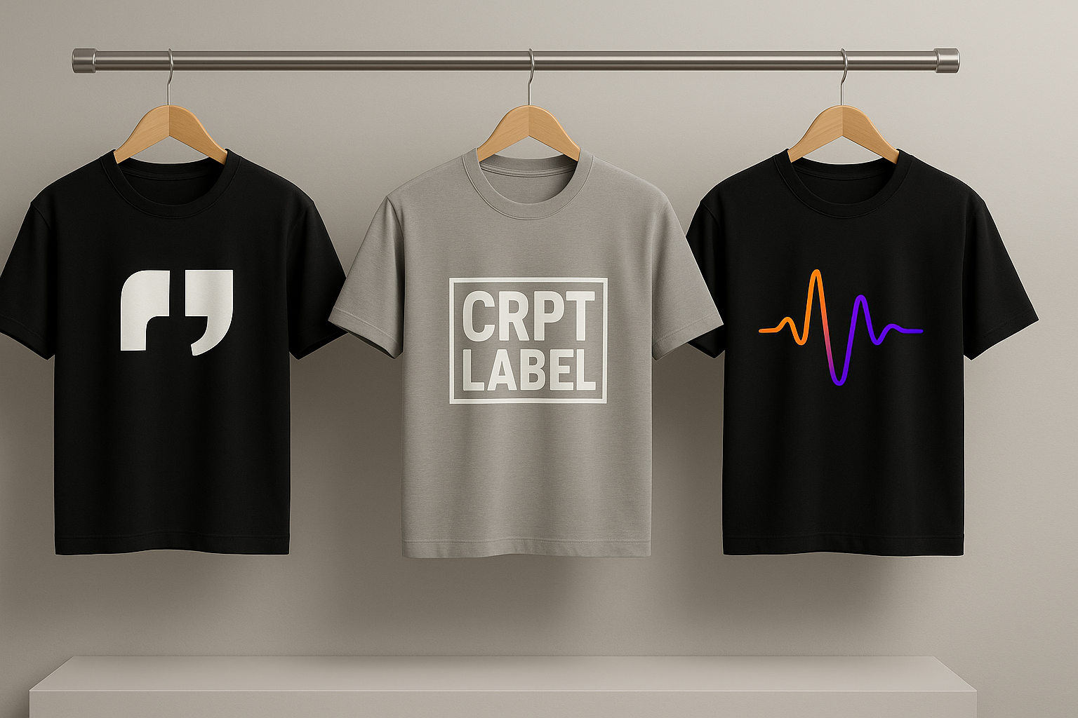 Three t-shirts with different designs hanging on a rack against a neutral background