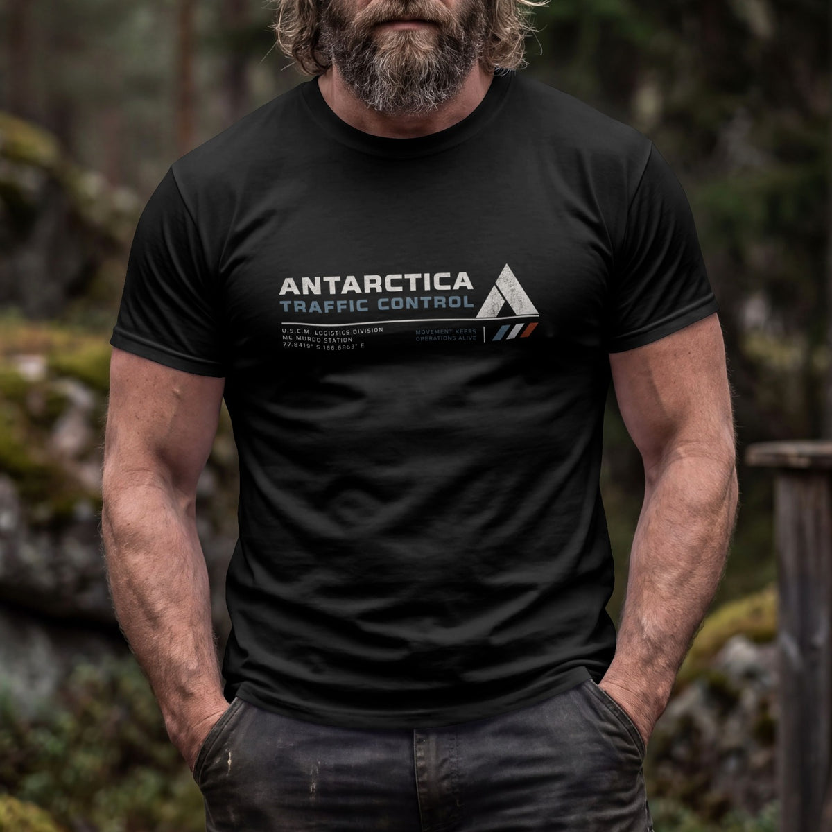 Antarctica Traffic Control Logistics graphic tee - black lifestyle