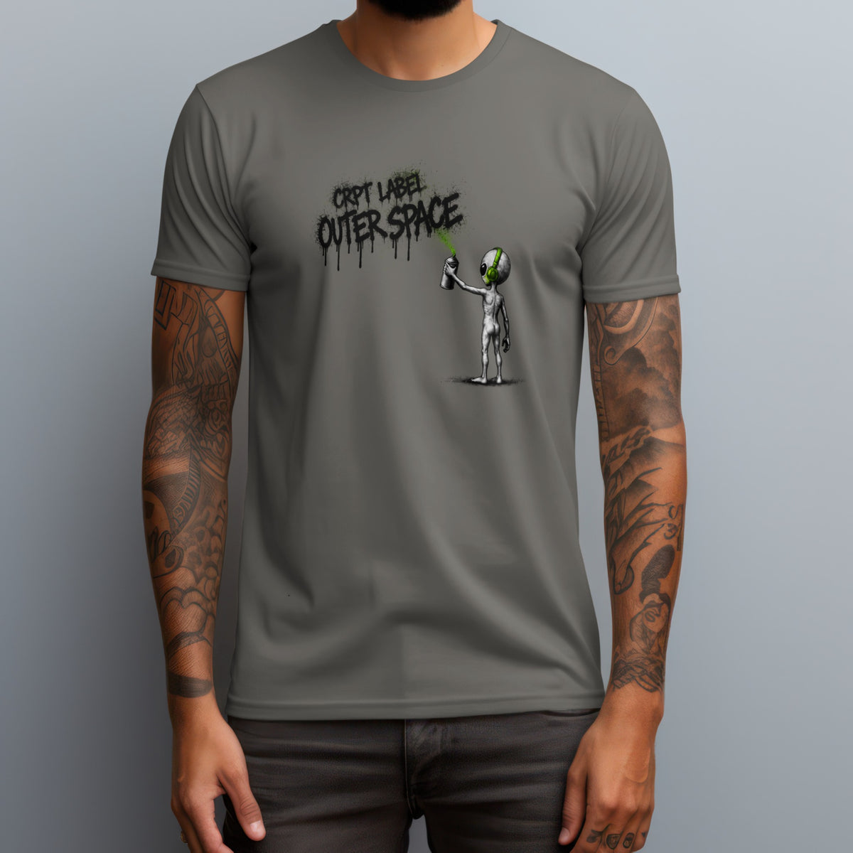 CRPT Label Outer Space Green Spray T-shirt in Gray worn by a model