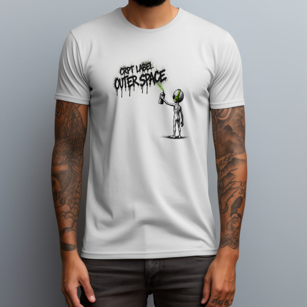 CRPT Label Outer Space Green Spray T-shirt in White worn by a model