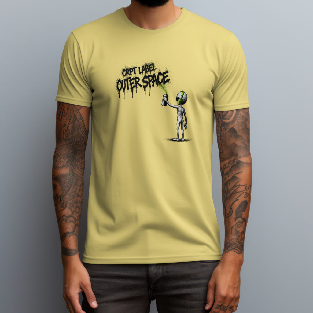 CRPT Label Outer Space Green Spray T-shirt in Yellow worn by a model