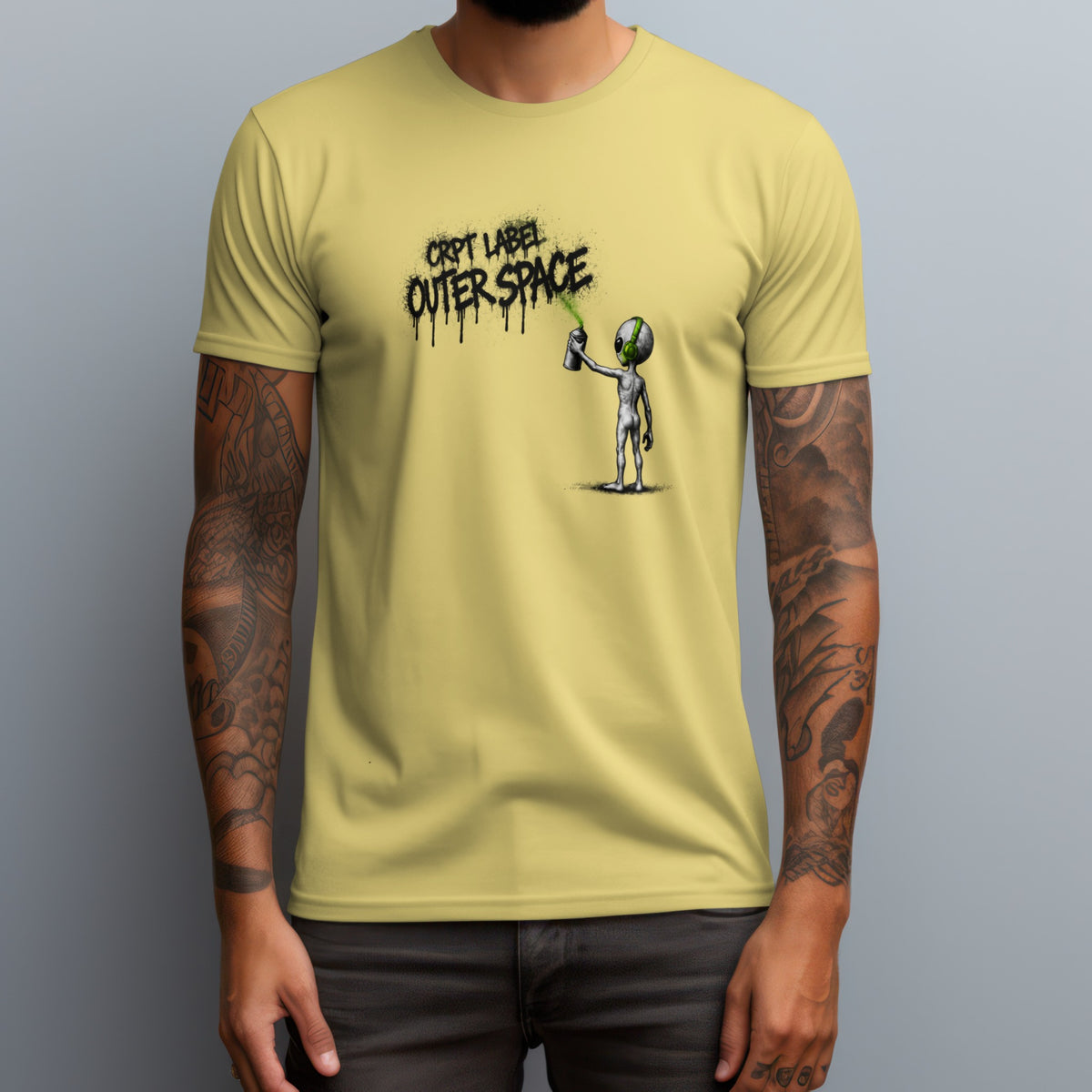CRPT Label Outer Space Green Spray T-shirt in Yellow worn by a model